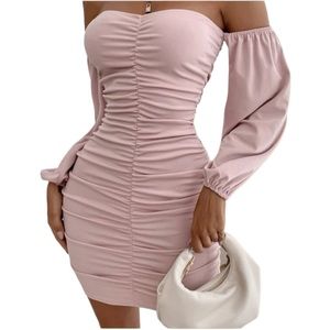 Ruched Off Shoulder Lantern Sleeve Bodycon Dress